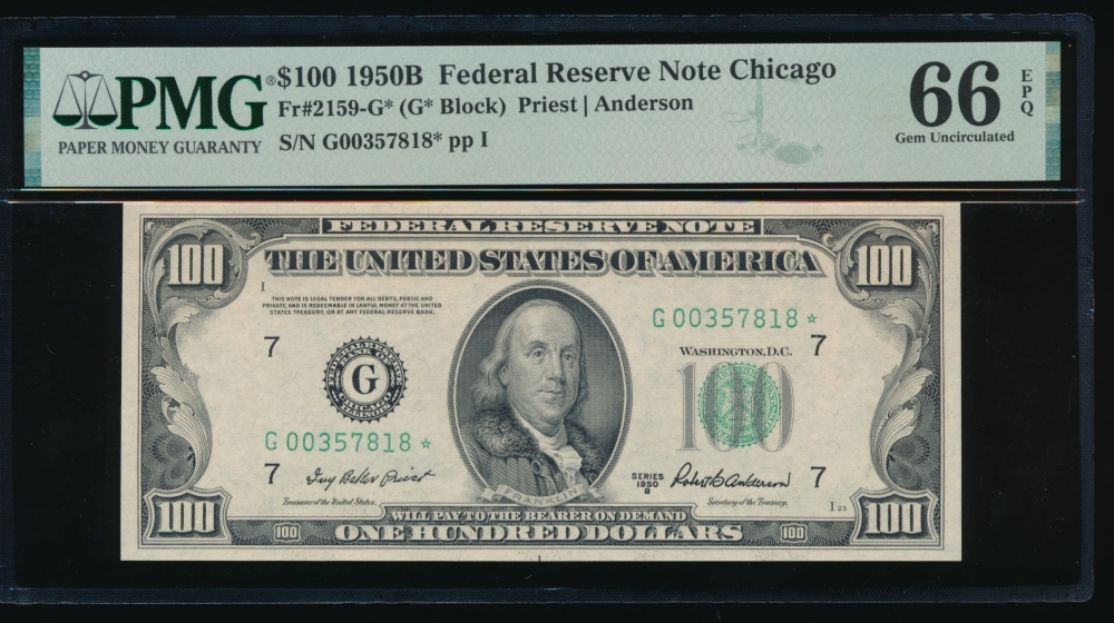 Fr. 2159-G 1950B $100  Federal Reserve Note Chicago star PMG 66EPQ G00357818*
