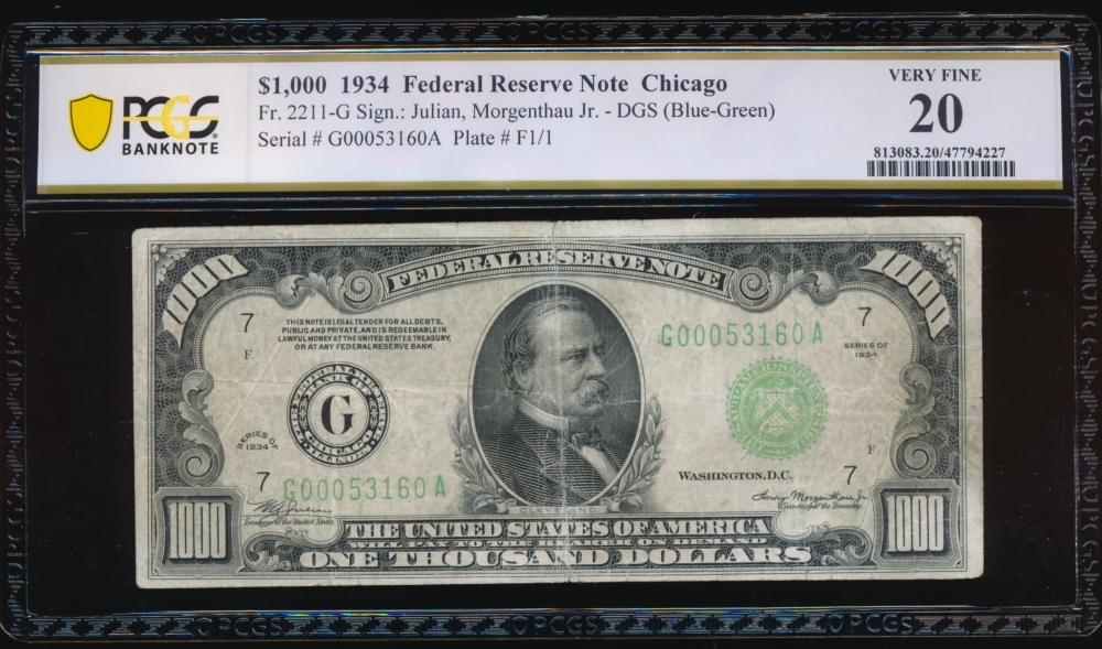 Fr. 2211-G 1934A $1,000  Federal Reserve Note Chicago PCGS 20 G00053160A
