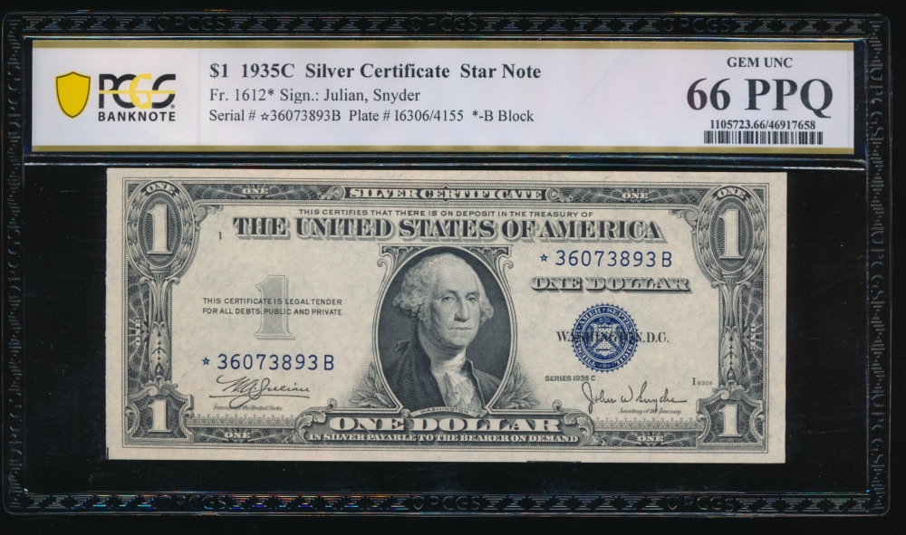 Fr. 1612 1935C $1  Silver Certificate *B block PCGS 66PPQ *36073893B