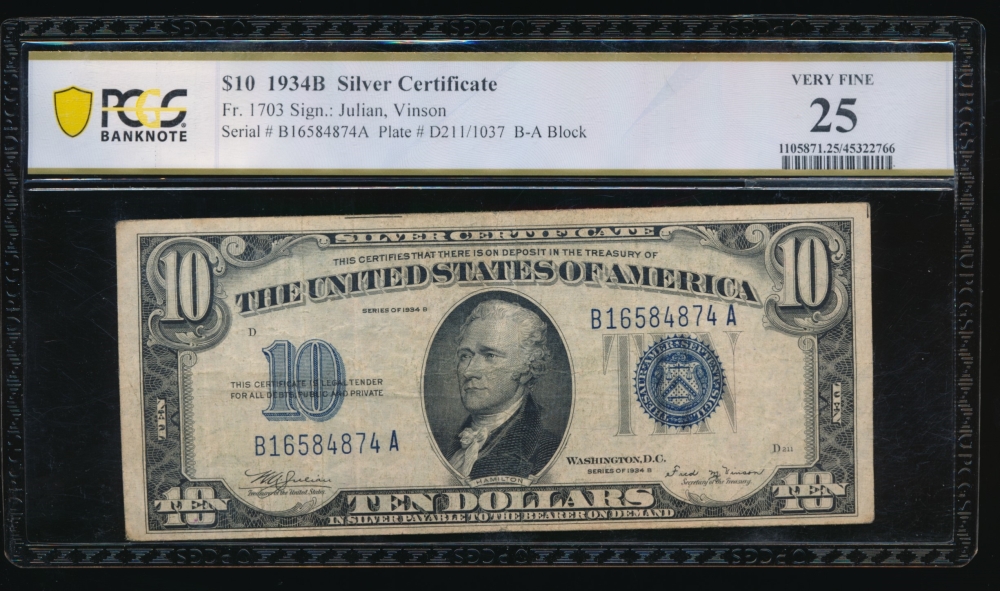 Fr. 1703 1934B $10  Silver Certificate BA block PCGS 25 B16584874A