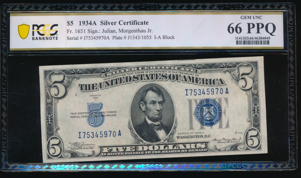 Fr. 1651 1934A $5  Silver Certificate IA block PCGS 66PPQ I75345970A