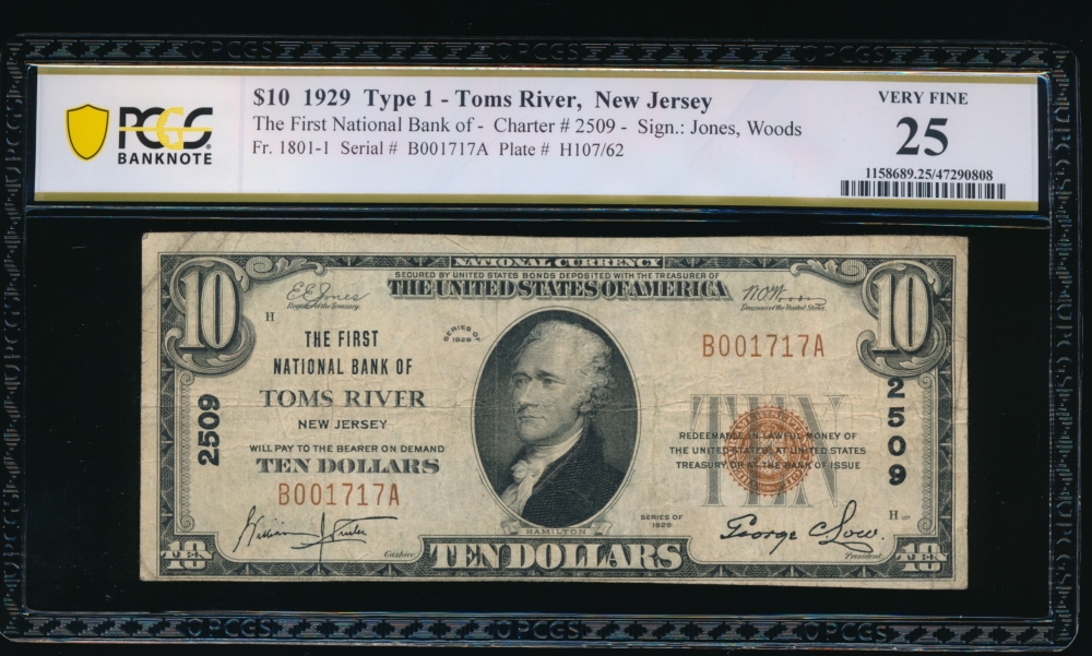 Fr. 1801-1 1929 $10  National: Type I Ch #2509 The First National Bank of Toms River, New Jersey PCGS 25 B001717A
