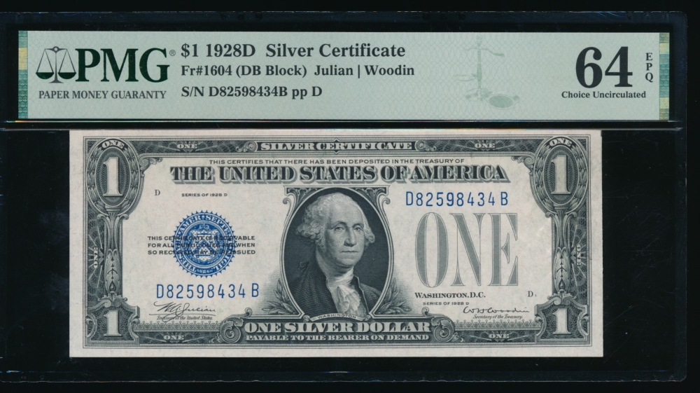 Fr. 1604 1928D $1  Silver Certificate DB block PMG 64EPQ D82598434B