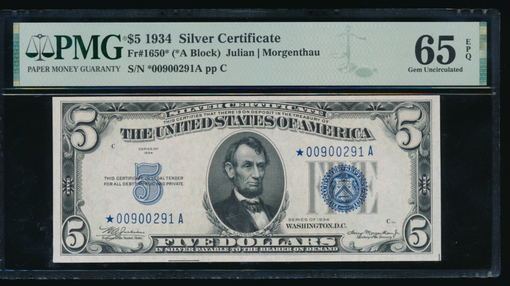 Fr. 1650 1934 $5  Silver Certificate *A block PMG 65EPQ *00900291A