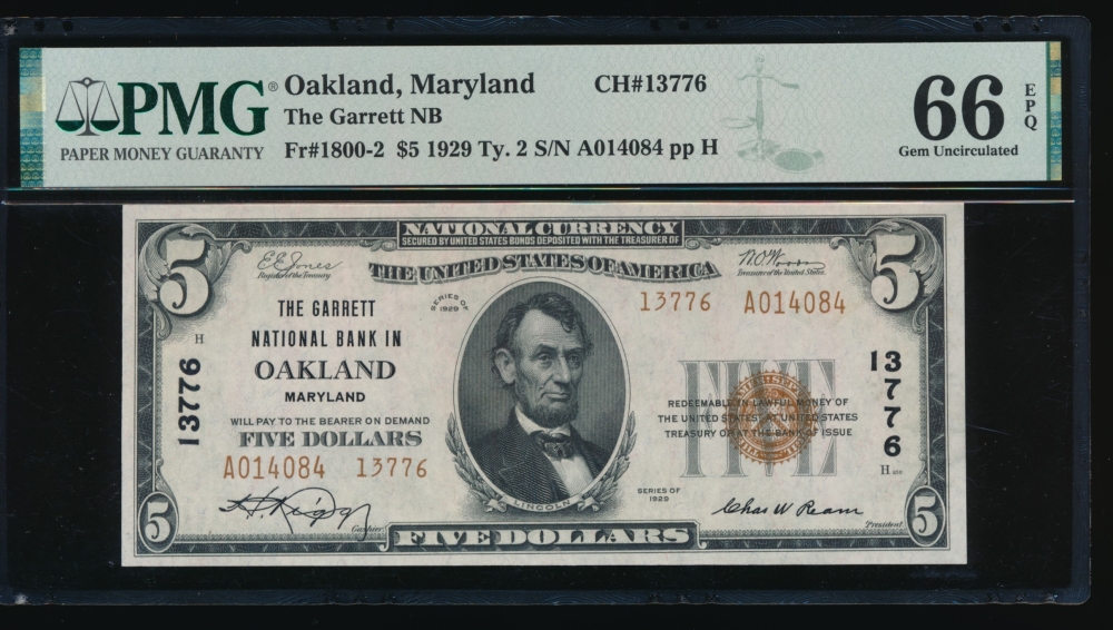 Fr. 1800-2 1928 $5  National: Type II Ch #13776 The Garrett National Bank in Oakland, Maryland PMG 66EPQ A014084