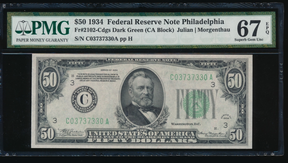 Fr. 2102-C 1934 $50  Federal Reserve Note Philadelphia, FANCY PMG 67EPQ C03737330A