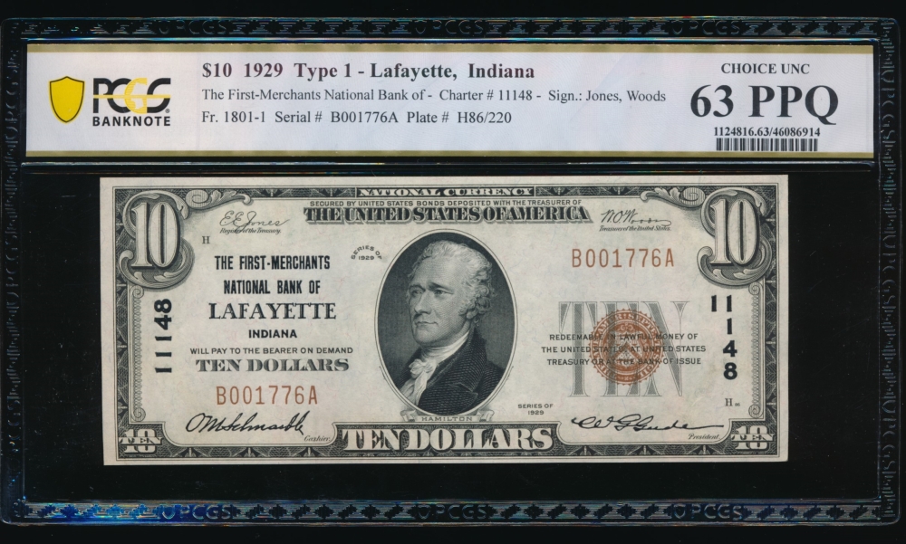 Fr. 1801-1 1929 $10  National: Type I Ch #11148 The First-Merchants National Bank of Lafayette, Indiana PCGS 63PPQ B001776A