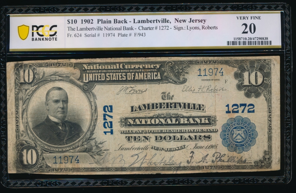 Fr. 624 1902 $10  National: Plain Back Ch #1272 The Lambertville National Bank  PCGS 20 11974