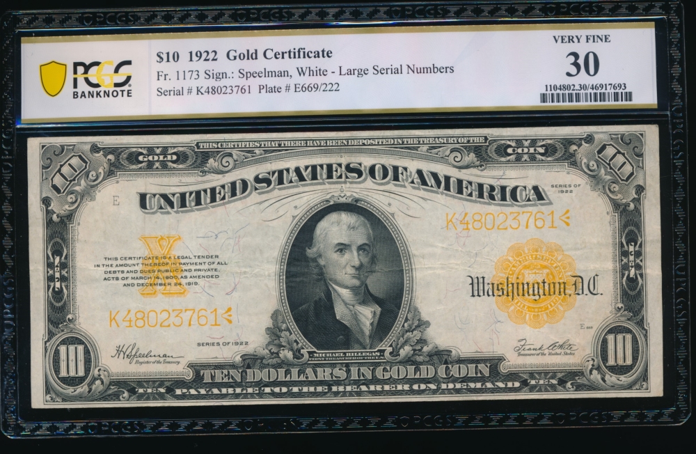 Fr. 1173 1922 $10  Gold Certificate  PCGS 30 K48023761