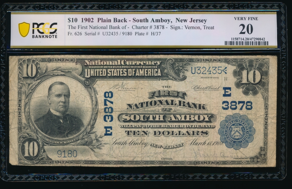 Fr. 626 1902 $10  National: Type II Ch #3878 The First National Bank of South Amboy, New Jersey PCGS 20 9180