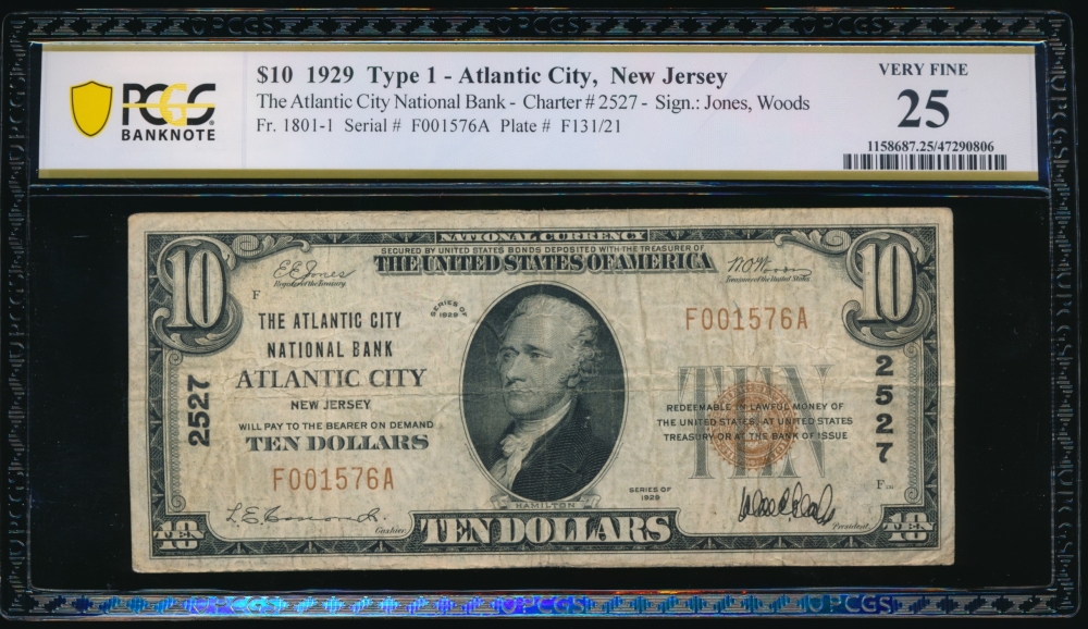 Fr. 1801-1 1929 $10  National: Type II Ch #2527 The Atlantic City National Bank Atlantic City, New Jersey PCGS 25 F001576A