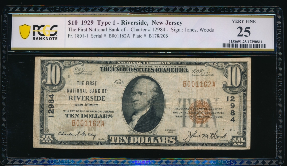 Fr. 1801-1 1929 $10  National: Type I Ch #12984 The First National Bank of Riverside, New Jersey PCGS 25 B001162A