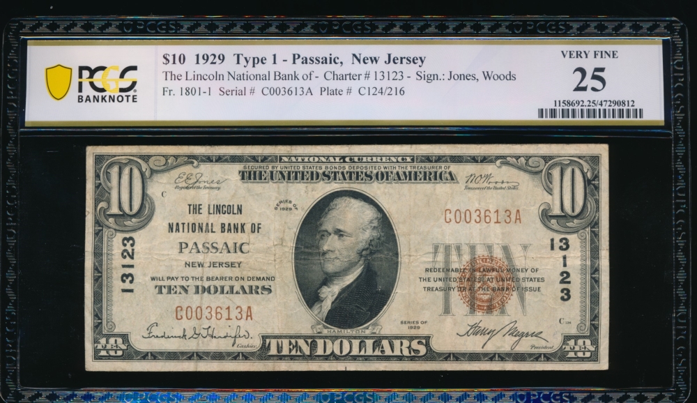 Fr. 1801-1 1929 $10  National: Type I Ch #13123 The Lincoln National Bank of Passaic, New Jersey PCGS 25 C003613A