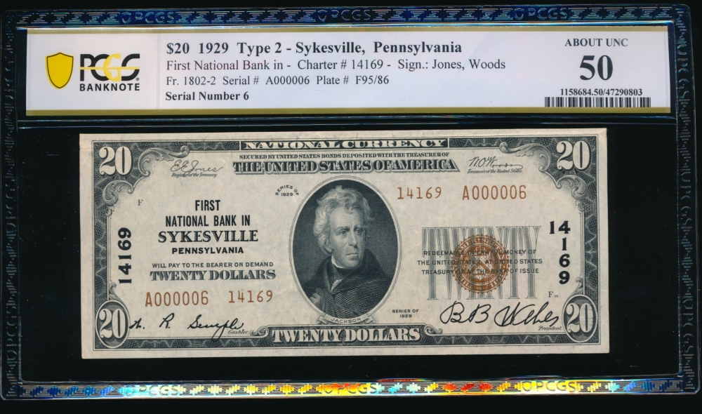 Fr. 1802-2 1929 $20  National: Type II Ch #14169 First National Bank in Sykesville, Pennsylvania PCGS 50 A000006