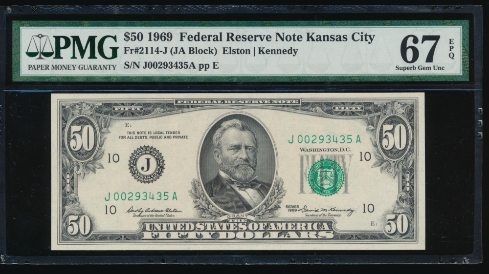 Fr. 2114-J 1969 $50  Federal Reserve Note Kansas City PMG 67EPQ J00293435A
