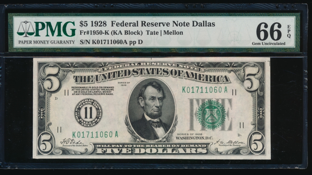 Fr. 1950-K 1928 $5  Federal Reserve Note Dallas PMG 66EPQ K01711060A