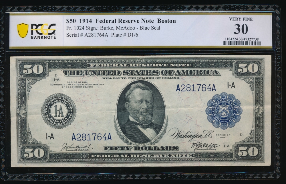 Fr. 1024 1914 $50  Federal Reserve Note Boston PCGS 30 A281764A
