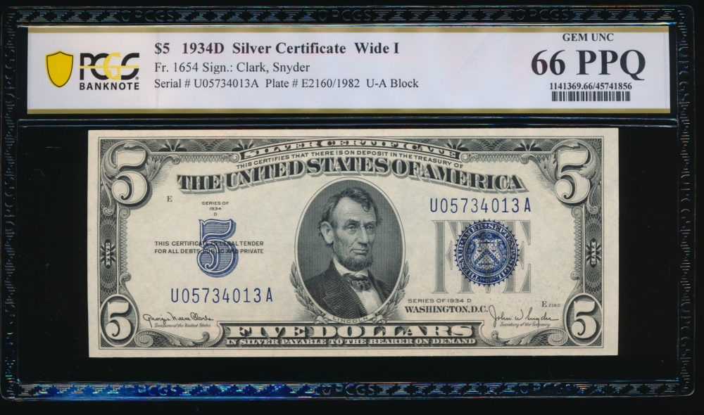 Fr. 1654 1934D $5  Silver Certificate Wide I, UA block PCGS 66PPQ U05734013A