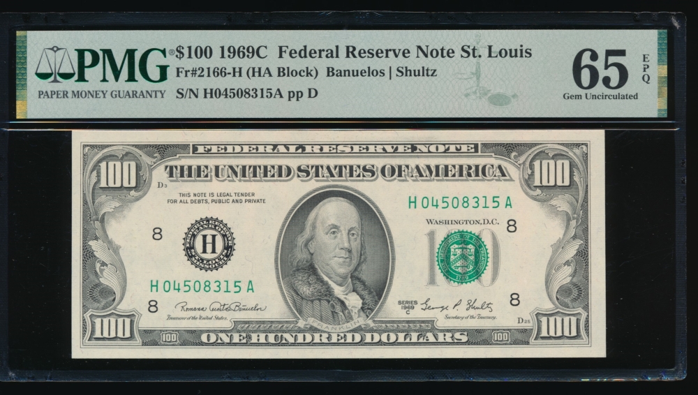 Fr. 2166-H 1969C $100  Federal Reserve Note Saint Louis PMG 65EPQ H04508315A