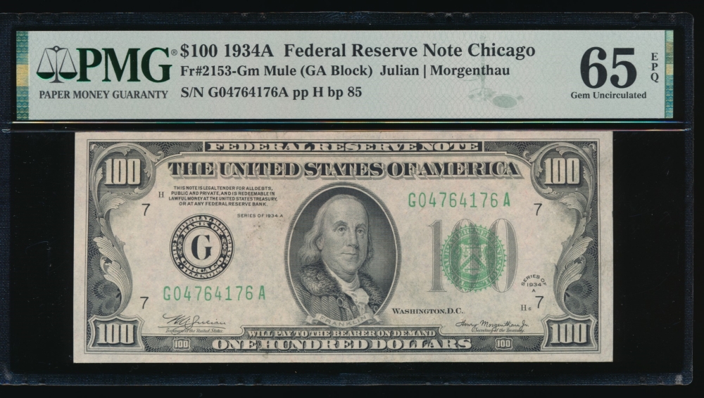 Fr. 2153-G 1934A $100  Federal Reserve Note Chicago mule PMG 65EPQ G04764176A