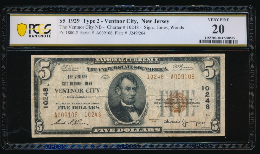 Fr. 1800-2 1929 $5  National: Type II Ch #10248 The Ventnor City National Bank Ventnor City, New Jersey PCGS 20 A009106