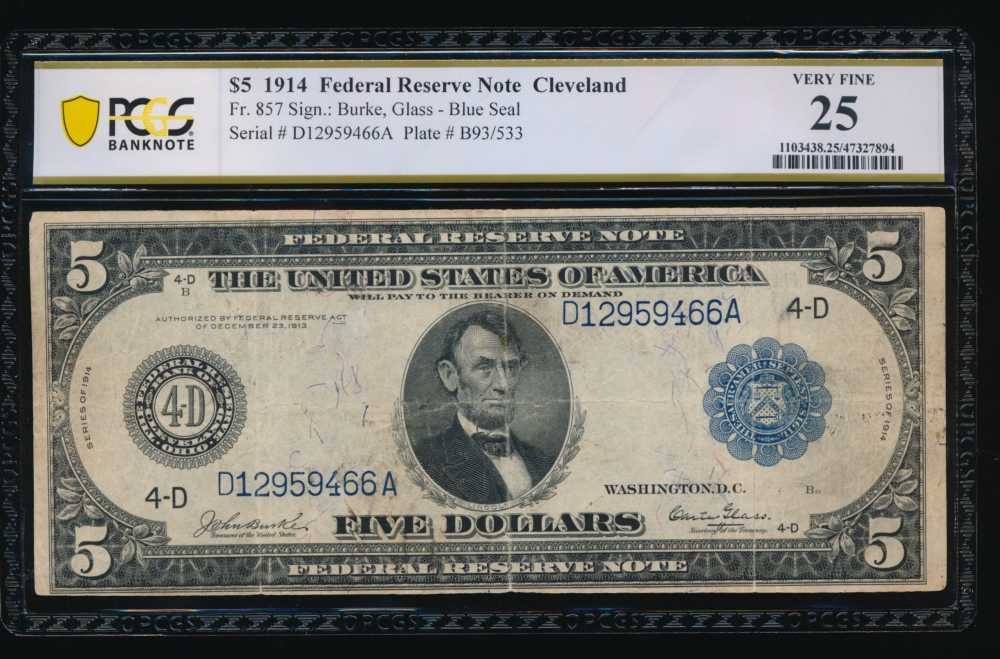 Fr. 857 1914 $5  Federal Reserve Note  PCGS 25 D12959466A