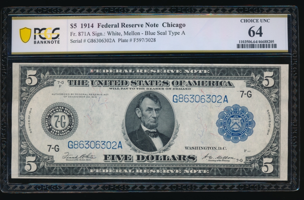 Fr. 871a 1914 $5  Federal Reserve Note Chicago PCGS 64 G86306302A