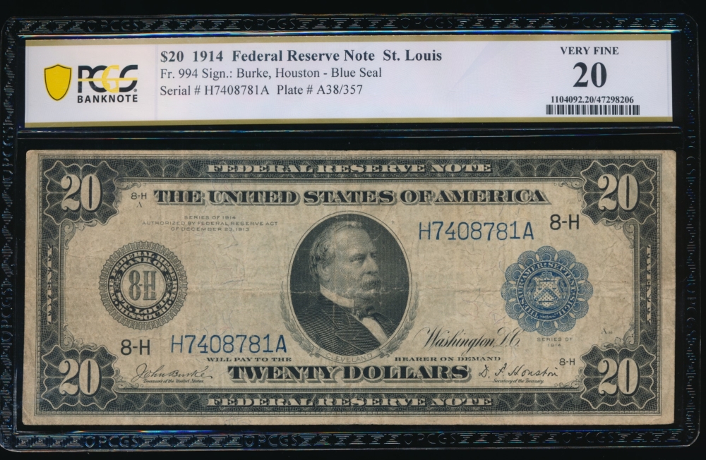 Fr. 994 1914 $20  Federal Reserve Note Saint Louis PCGS 20 H7408781A