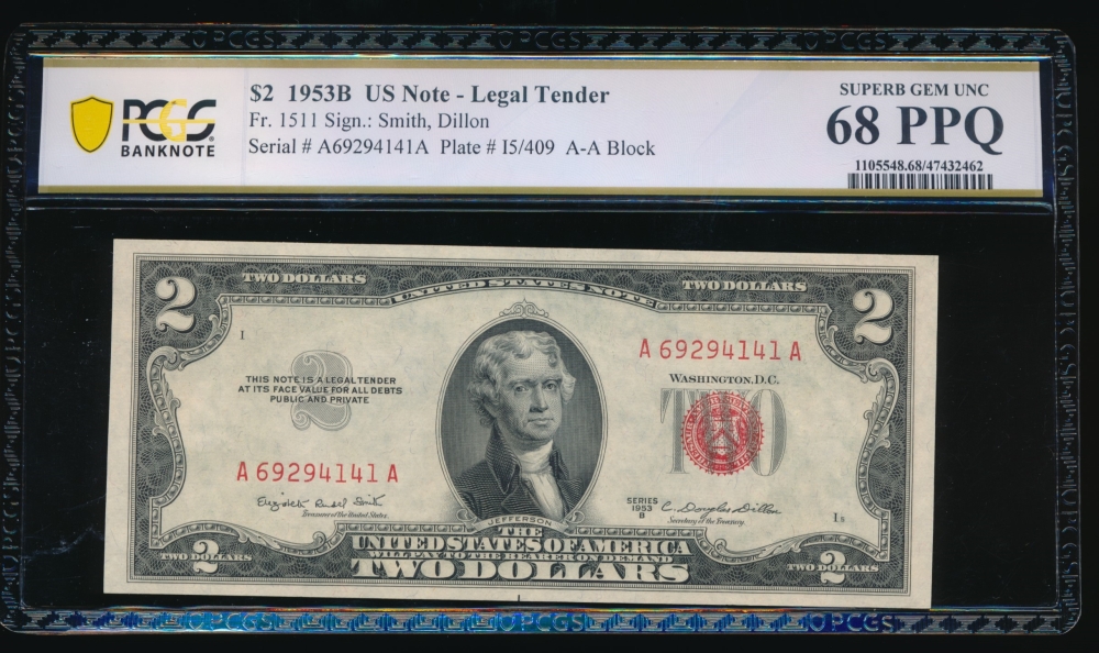 Fr. 1511 1953B $2  Legal Tender AA block PCGS 68PPQ A69294141A