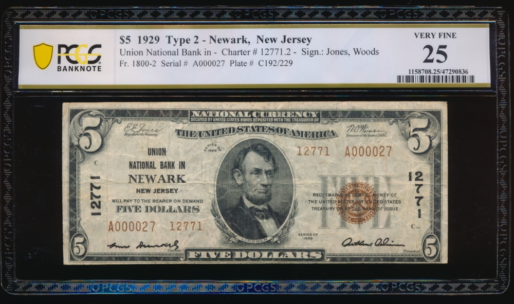 Fr. 1800-1 1929 $5  National: Type II Ch #12771 Union National Bank in Newark, New Jersey PCGS 25 A000027A