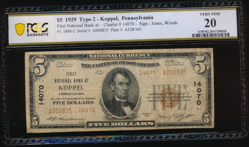Fr. 1800-2 1929 $5  National: Type II Ch #14070 First National Bank at Koppel, Pennsylvania PCGS 20 A000835