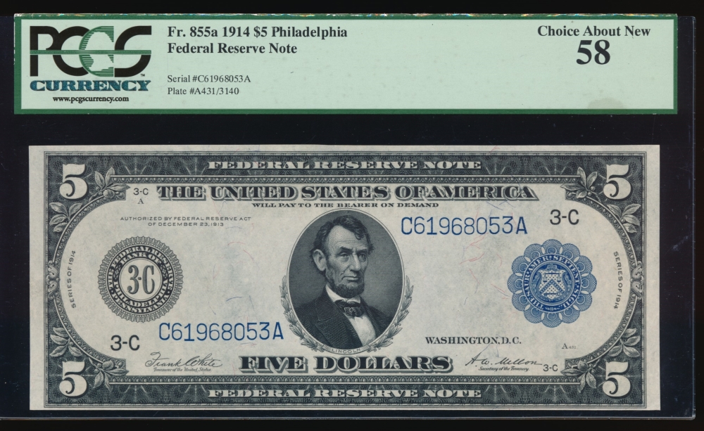 Fr. 855a 1914 $5  Federal Reserve Note Philadelphia PCGS-C 58 C61968053A