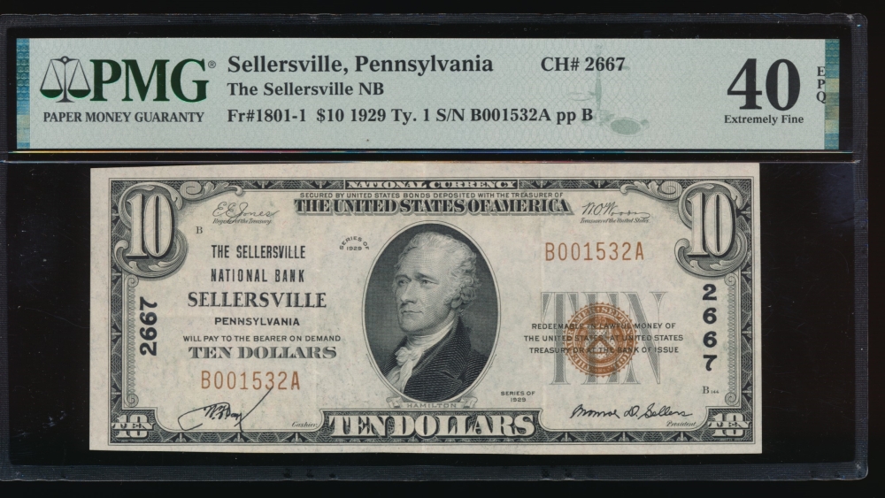 Fr. 1801-1 1929 $10  National: Type I Ch #2667 The Sellersville National Bank, Sellersville, Pennsylvania PMG 40EPQ B001532A