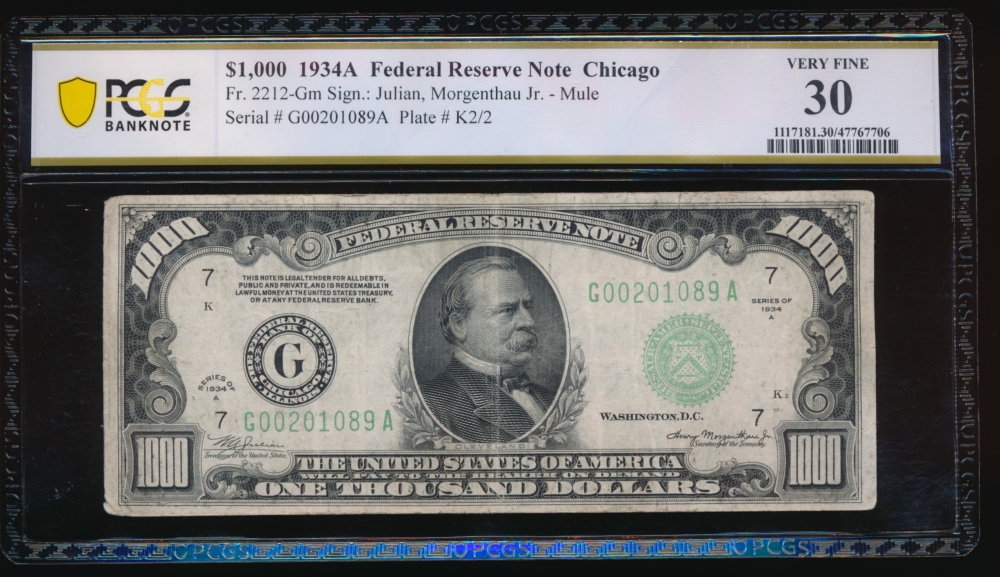 Fr. 2212-G 1934A $1,000  Federal Reserve Note Chicago PCGS 30 G00201089A