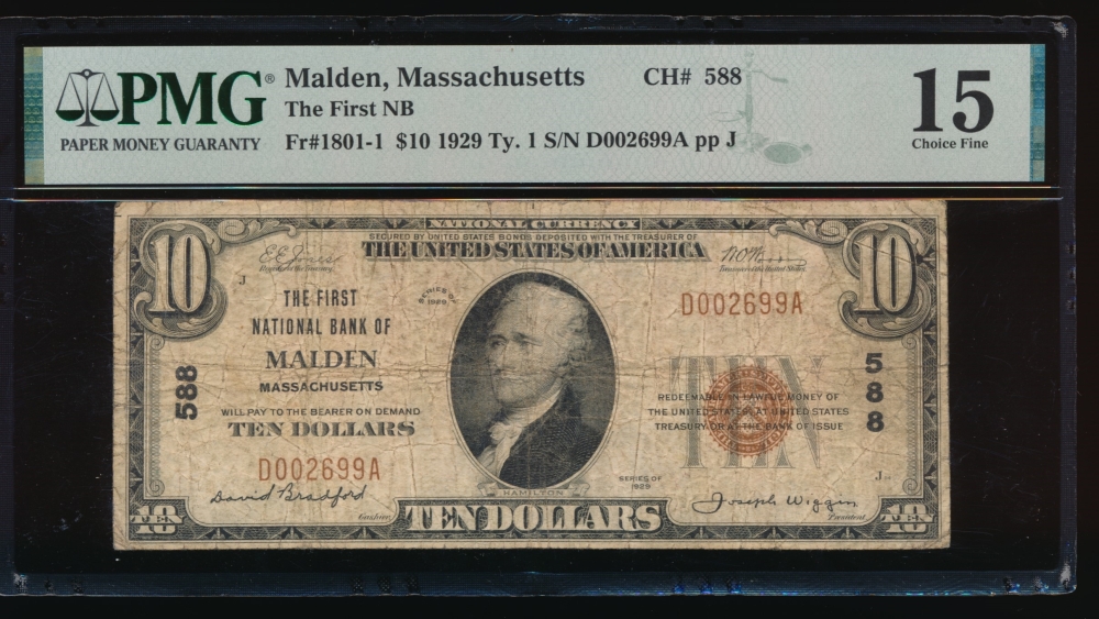 Fr. 1801-1 1929 $10  National: Type I Ch #588 The First National Bank of Malden, Massachusetts PMG 15 D002699A