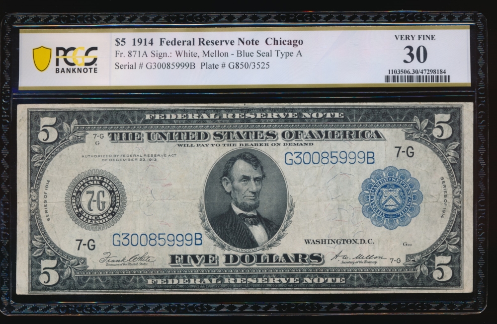 Fr. 871a 1914 $5  Federal Reserve Note Chicago PCGS 30 G30085999B