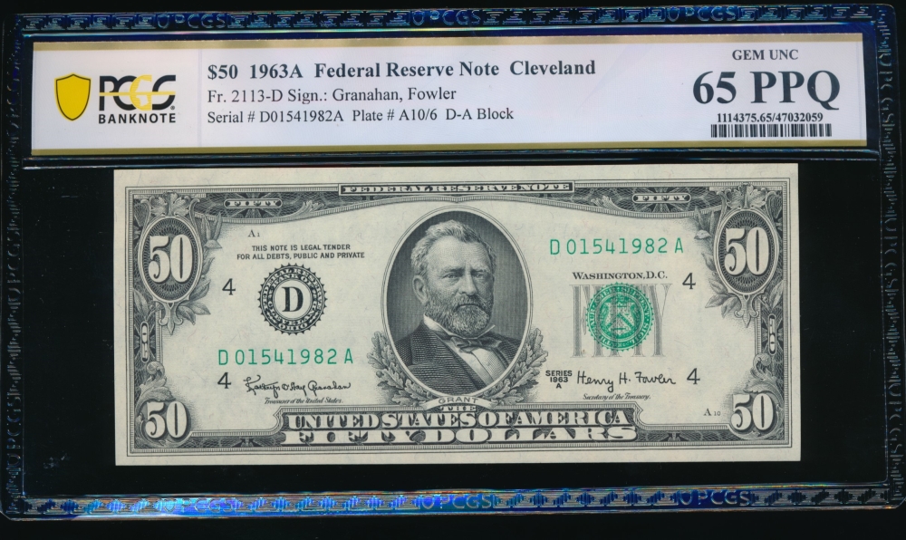 Fr. 2113-D 1963A $50  Federal Reserve Note Cleveland PCGS 65PPQ D01541982A