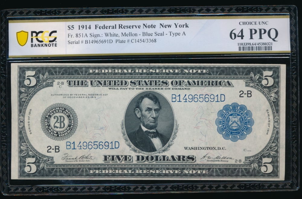 Fr. 851a 1914 $5  Federal Reserve Note New York PCGS 64PPQ B14965691D