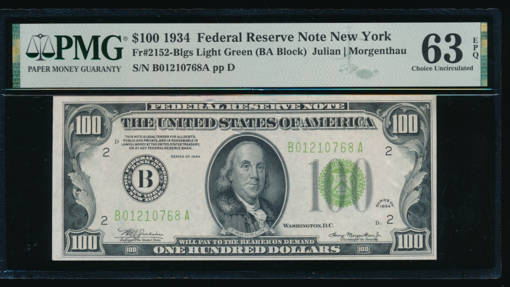 Fr. 2152-B 1934 $100  Federal Reserve Note New York LGS PMG 63EPQ B01210768A