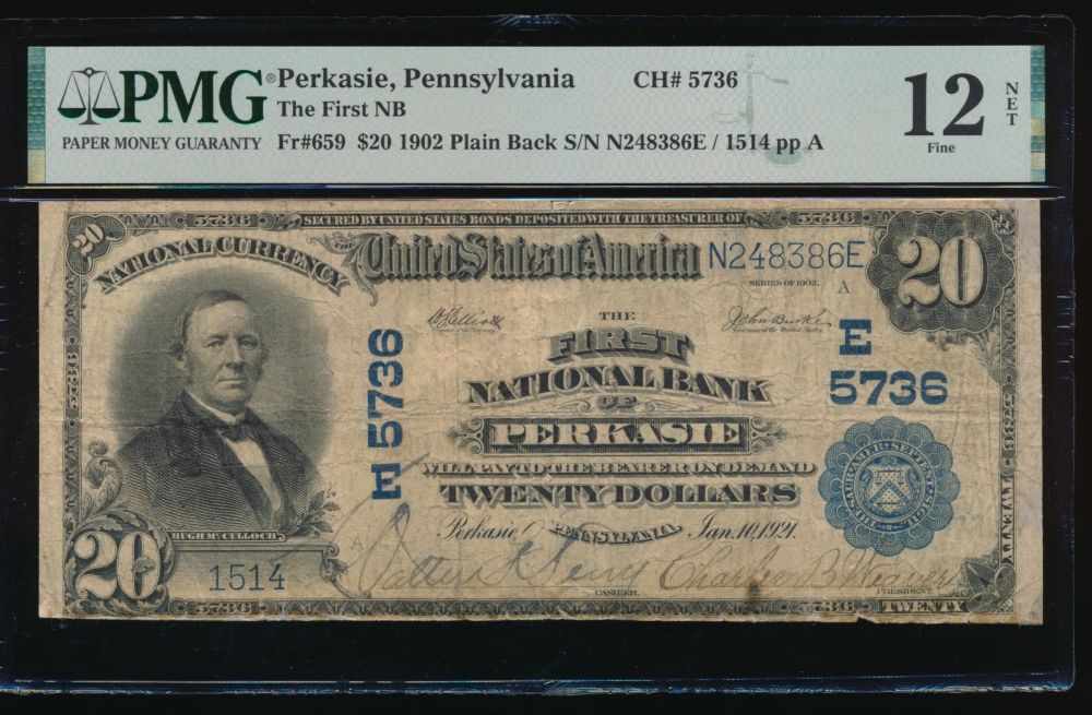 Fr. 659 1902 $20  National: Plain Back Ch #5736 The First National Bank of Perkasie, Pennsylvania PMG 12NET 1514