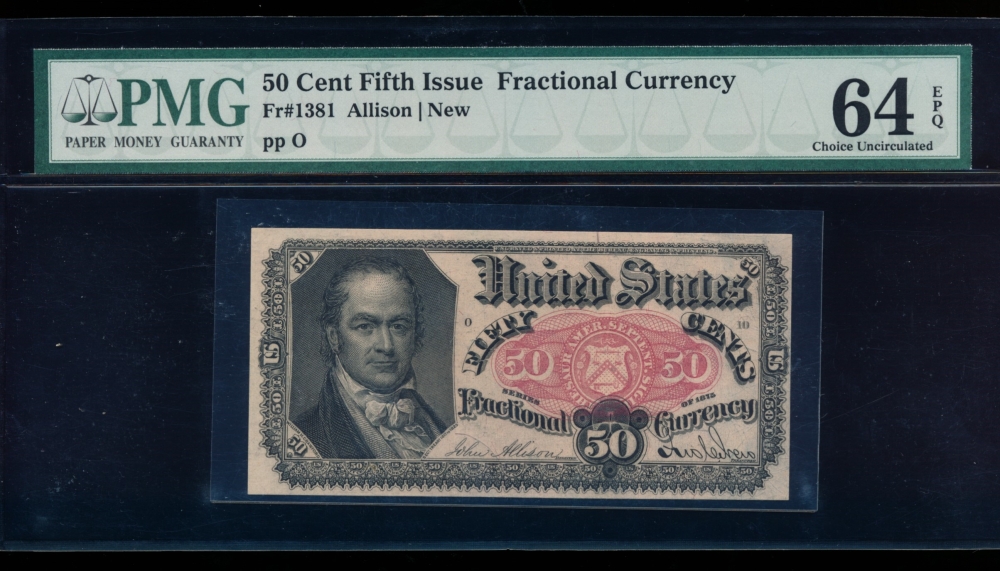 Fr. 1381  $0.50  Fractional Fifth Issue: Blue Right End PMG 64EPQ no serial number
