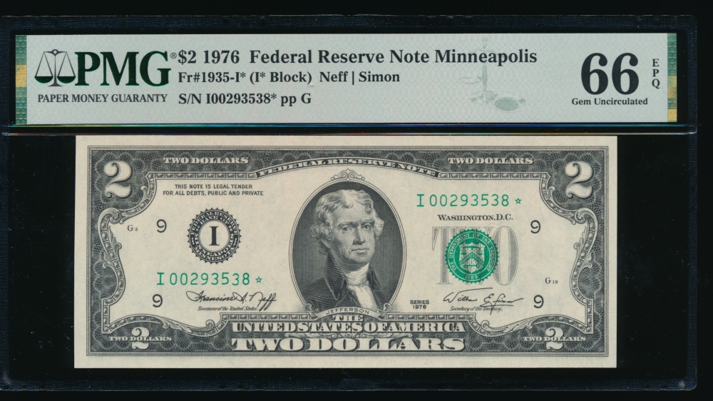 Fr. 1935-I 1976 $2  Federal Reserve Note Minneapolis star PMG 66EPQ I00293538*