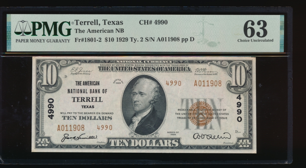 Fr. 1801-2 1929 $10  National: Type II Ch #4990 The American National Bank of Terrell, Texas PMG 63 A011908