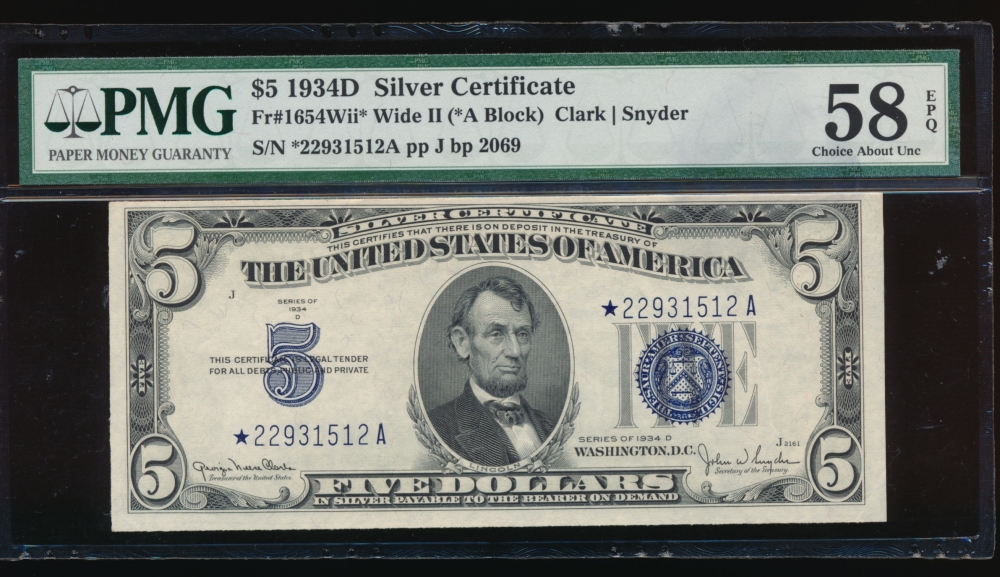Fr. 1654 1934D $5  Silver Certificate Wide II, *A block PMG 58EPQ *22931512A