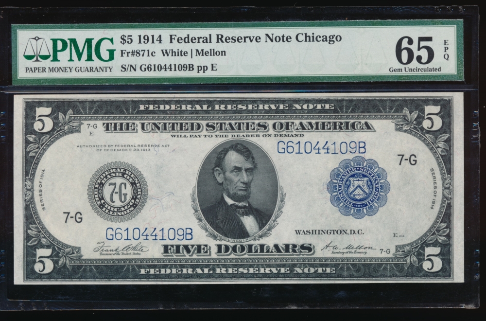 Fr. 871c 1914 $5  Federal Reserve Note Chicago PMG 65EPQ G61044109B
