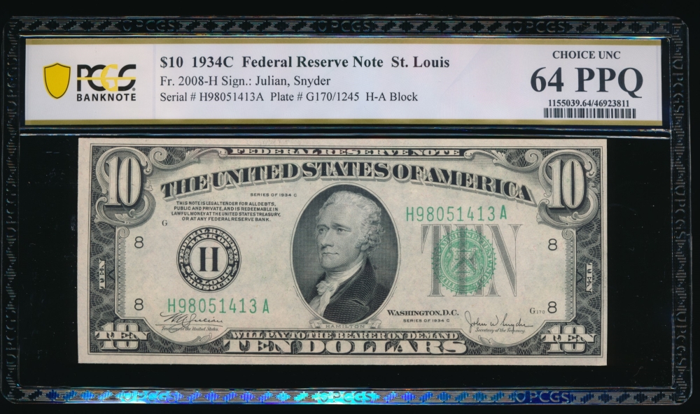 Fr. 2008-H 1934C $10  Federal Reserve Note Saint Louis PCGS 64PPQ H98051413A