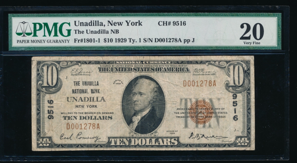Fr. 1801-1 1929 $10  National: Type I Ch #9516 The Unadilla National Bank Unadilla, New York PMG 20 D001278A