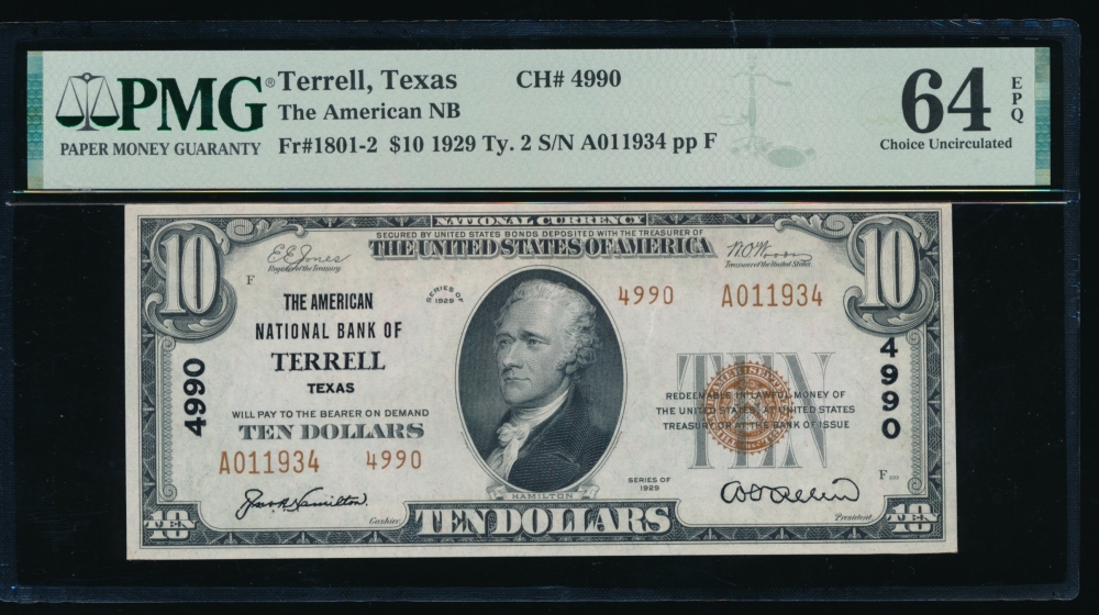 Fr. 1801-2 1929 $10  National: Type II Ch #4990 The American National Bank of Terrell, Texas PMG 64EPQ A011934