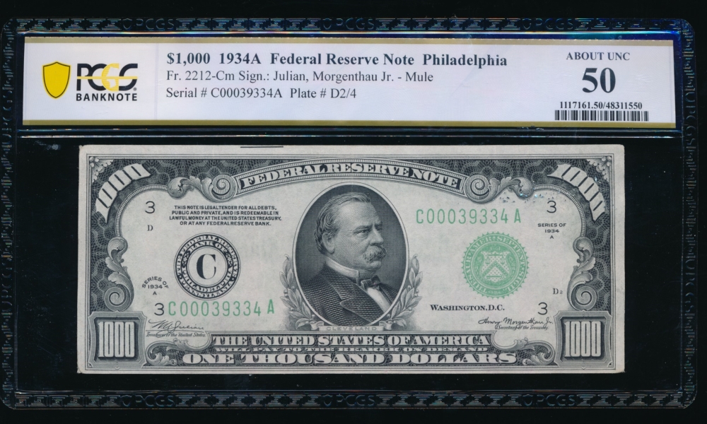 Fr. 2212-C 1934A $1,000  Federal Reserve Note Philadelphia PCGS 50 C00039334A