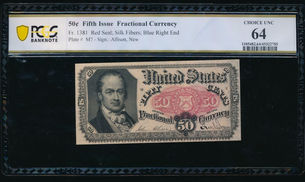 Fr. 1381  $0.50  Fractional Fifth Issue: Blue Right End PCGS 64 no serial number